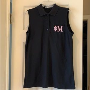 Phi Mu black polo with pink Greek letters